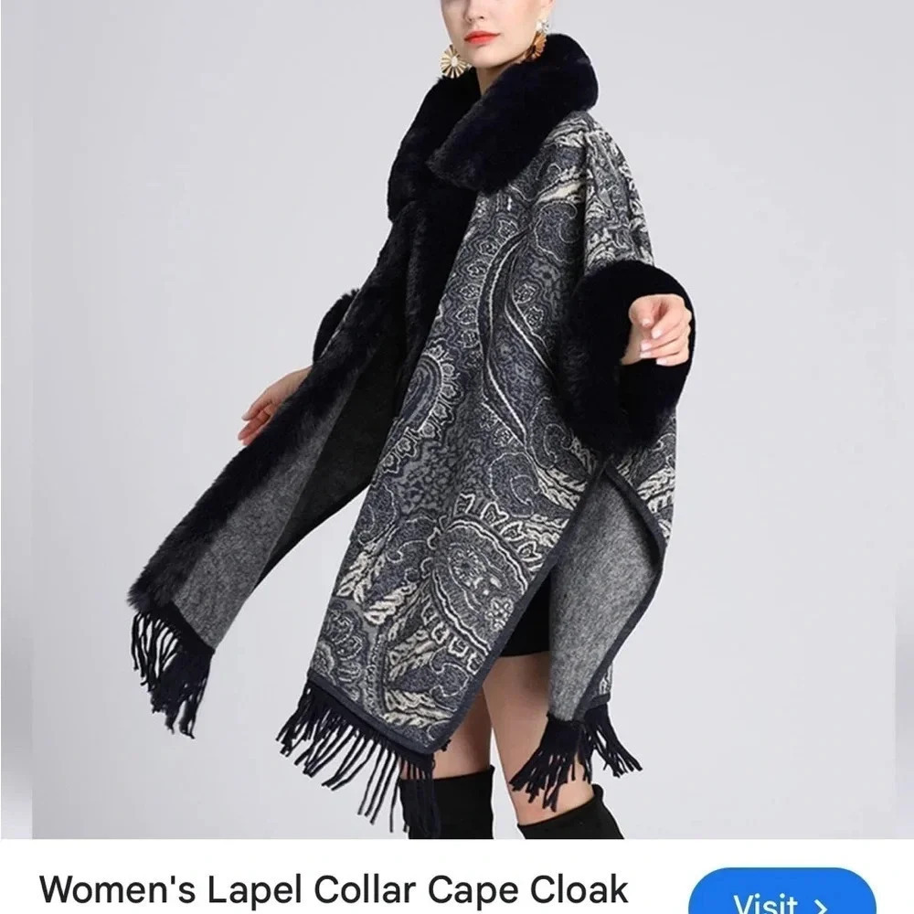 penny lane,open front wrap,shawl,cape,black faux fur trim,fringes,glam,one size